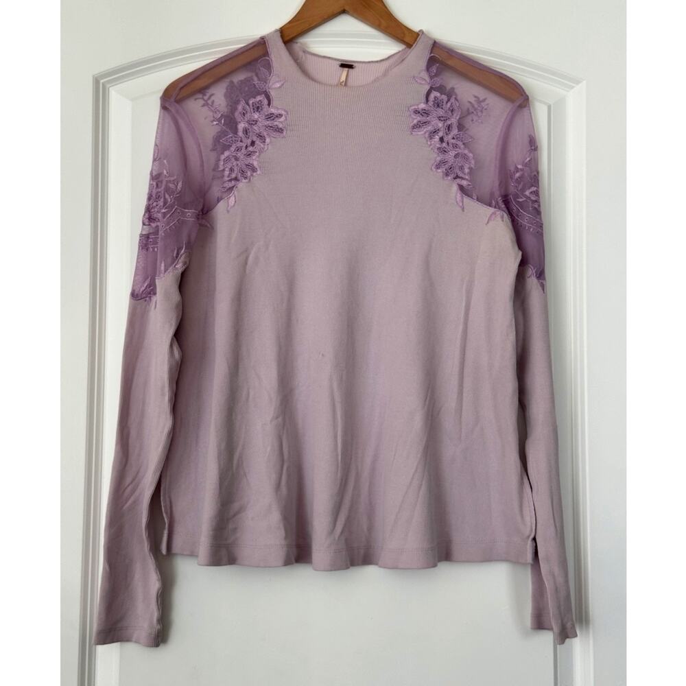 Free People Daniella Lace Shoulder Ribbed Knit Top Lilac Purple Small